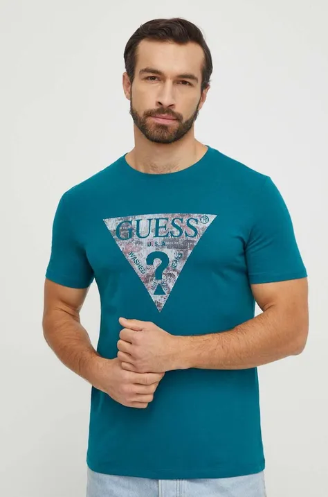 Guess t-shirt türkiz, férfi, nyomott mintás, M4RI29 J1314