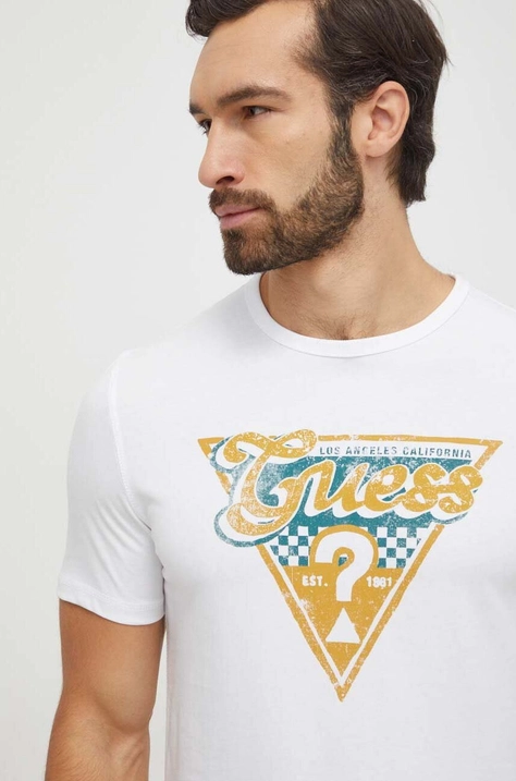 Guess tricou din bumbac barbati, culoarea alb, cu imprimeu