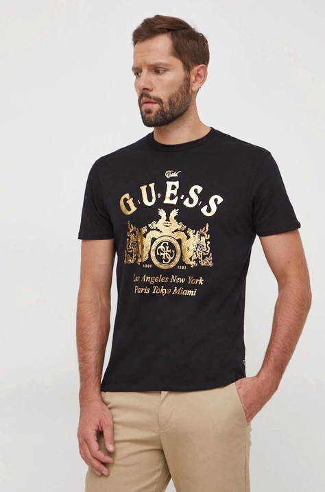 Βαμβακερό μπλουζάκι Guess ανδρικά, χρώμα: μαύρο