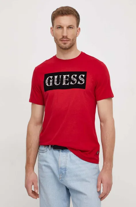 Pamučna majica Guess za muškarce, boja: crvena, s tiskom