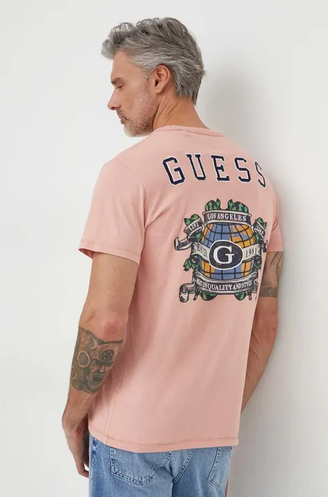 Хлопковая футболка Guess мужской цвет розовый с аппликацией
