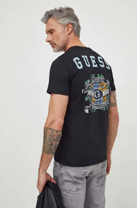 Βαμβακερό μπλουζάκι Guess ανδρικά, χρώμα: μαύρο