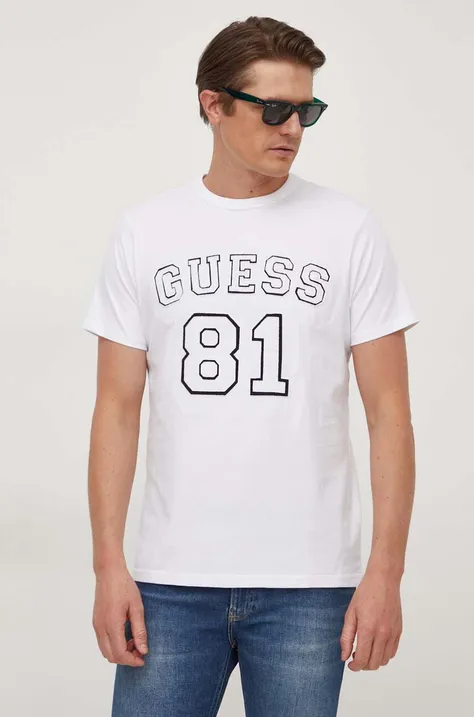 Βαμβακερό μπλουζάκι Guess ανδρικά, χρώμα: άσπρο