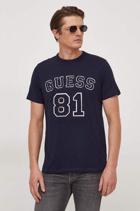 Бавовняна футболка Guess чоловічий колір синій з аплікацією
