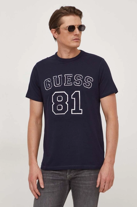 Бавовняна футболка Guess чоловічий колір синій з аплікацією