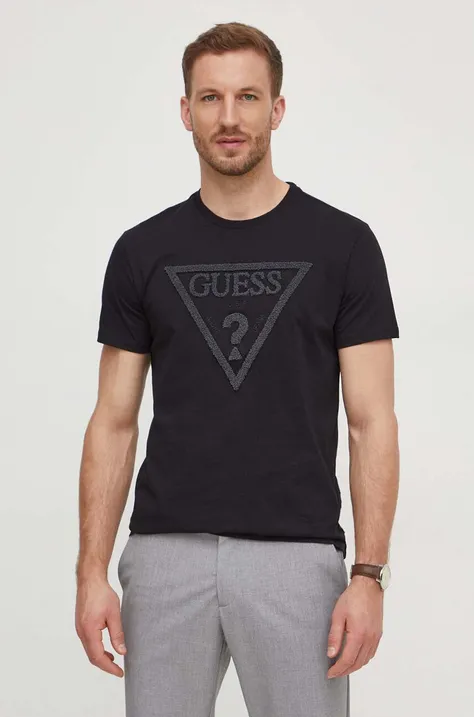 Хлопковая футболка Guess мужской цвет чёрный с аппликацией