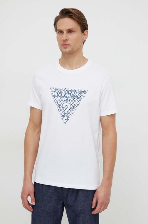 Guess tricou din bumbac barbati, culoarea alb, cu imprimeu