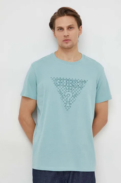 Хлопковая футболка Guess мужской цвет бирюзовый с аппликацией