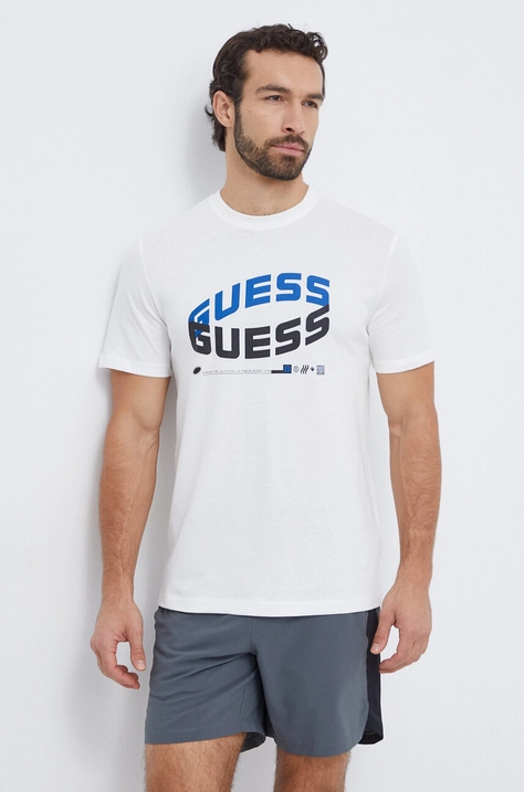 Βαμβακερό μπλουζάκι Guess ανδρικά, χρώμα: μπεζ