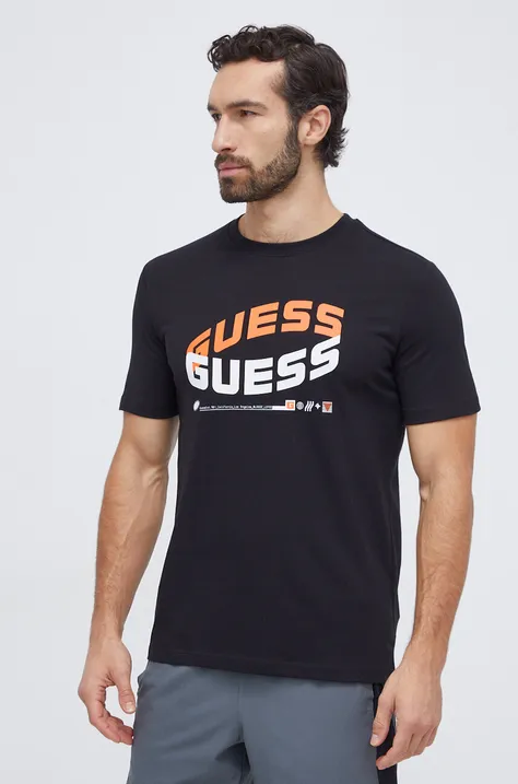 Bavlnené tričko Guess pánsky, čierna farba, s potlačou