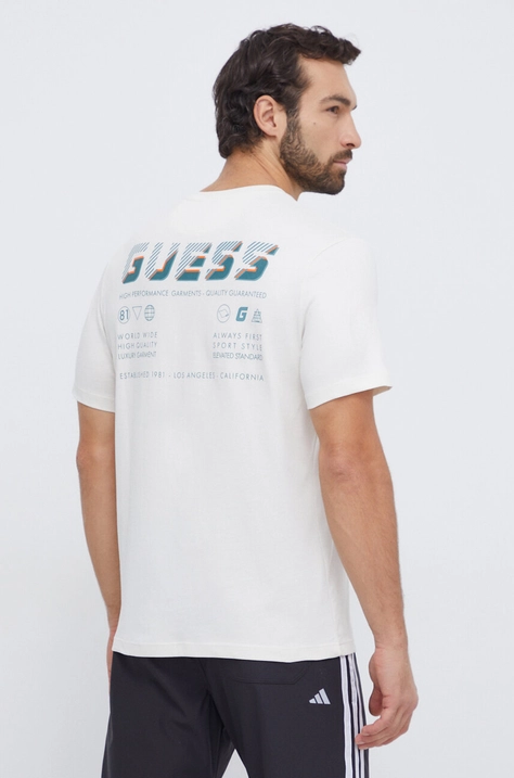 Guess tricou din bumbac barbati, culoarea bej, cu imprimeu