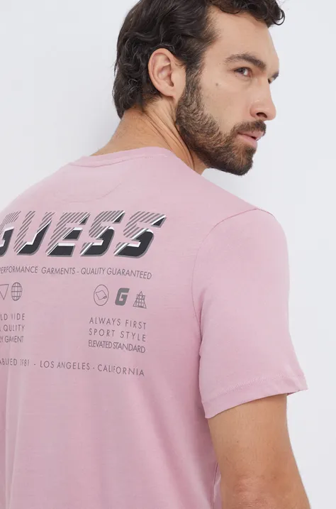 Pamučna majica Guess za muškarce, boja: ružičasta, s tiskom