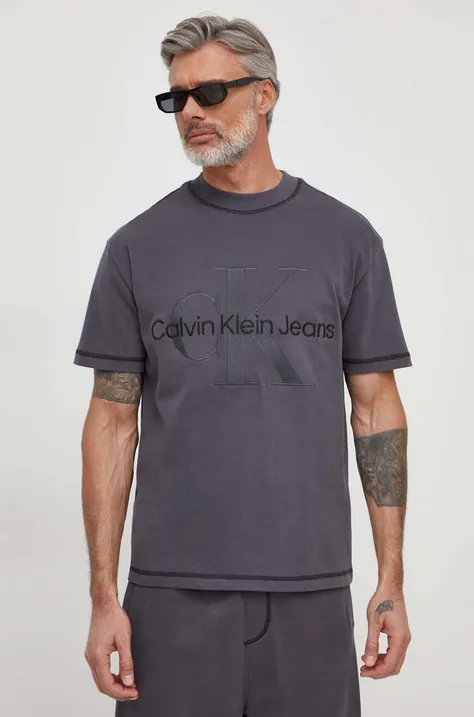 Bombažna kratka majica Calvin Klein Jeans moški, siva barva
