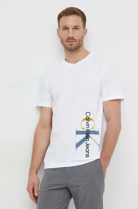 Хлопковая футболка Calvin Klein Jeans мужская цвет белый с аппликацией