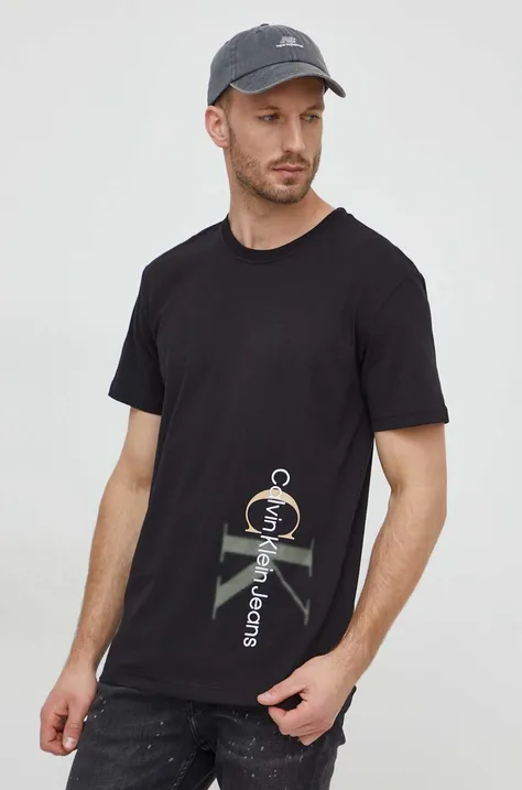Хлопковая футболка Calvin Klein Jeans мужская цвет чёрный с аппликацией