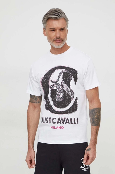 Just Cavalli tricou din bumbac barbati, culoarea alb, cu imprimeu