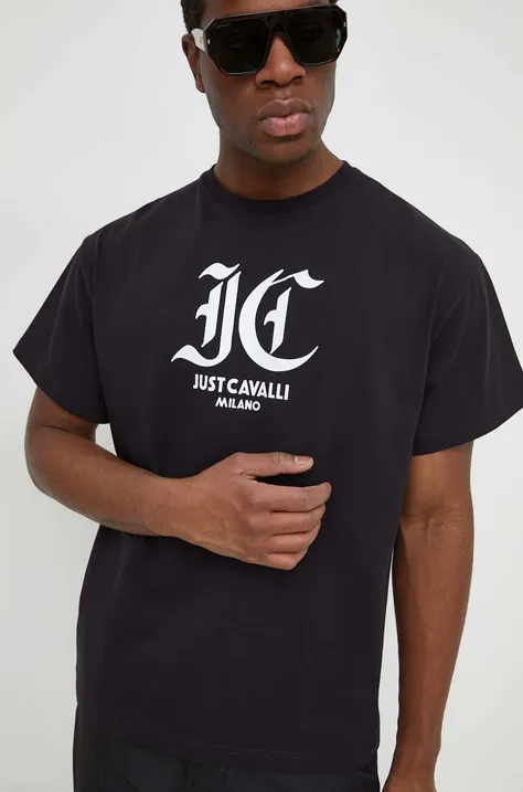 Памучна тениска Just Cavalli в черно с принт 76OAHG00 CJ318