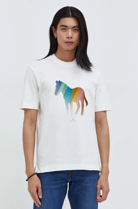 Bavlnené tričko PS Paul Smith pánsky, béžová farba, s potlačou
