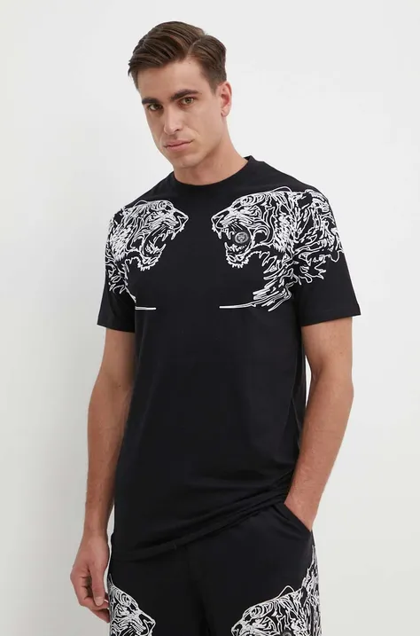 Βαμβακερό μπλουζάκι PLEIN SPORT ανδρικά, χρώμα: μαύρο