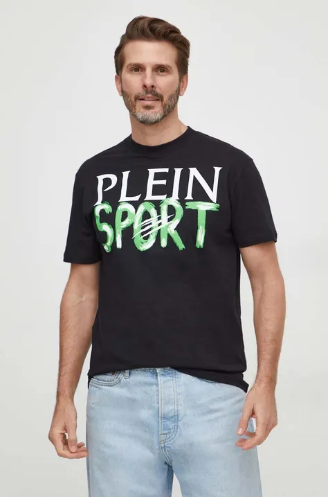 Βαμβακερό μπλουζάκι PLEIN SPORT ανδρικά, χρώμα: μαύρο