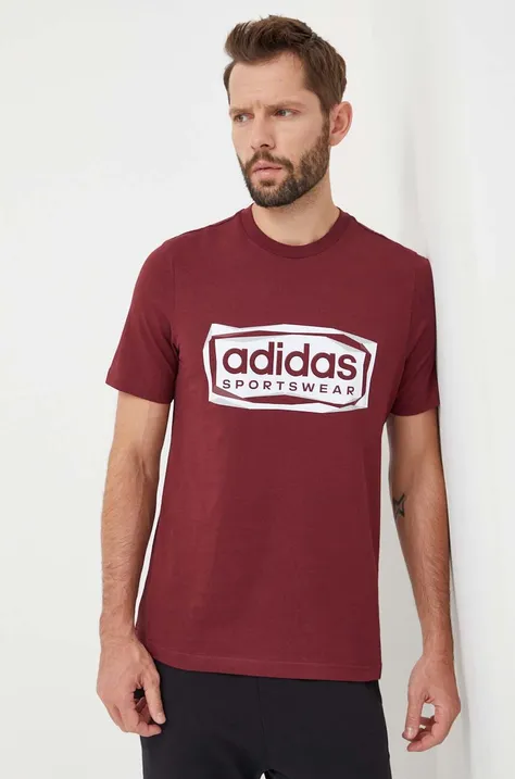 Bavlnené tričko adidas pánske, bordová farba, s potlačou, IM8303
