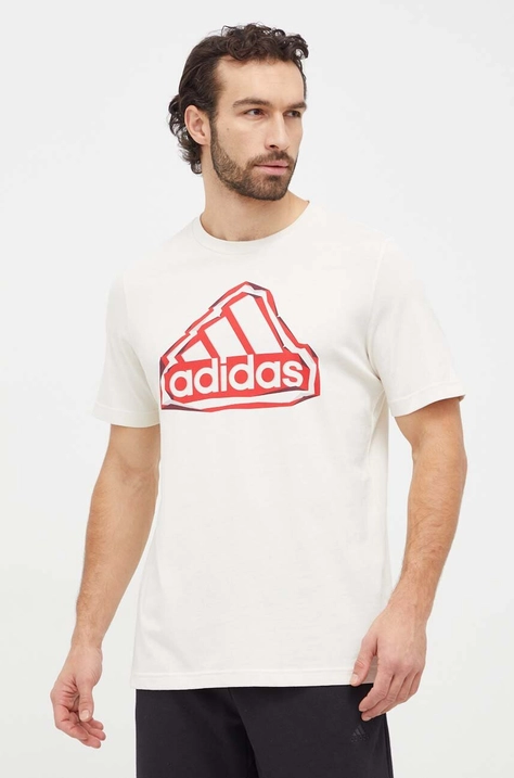 Bavlnené tričko adidas pánske, béžová farba, s potlačou, IS2882