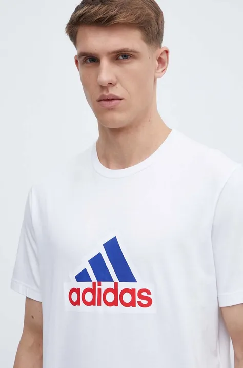 Pamučna majica adidas za muškarce, boja: bijela, s tiskom, IS3234