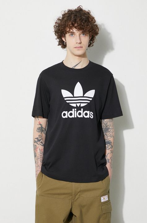 Памучна тениска adidas Originals Trefoil в черно с принт IU2364