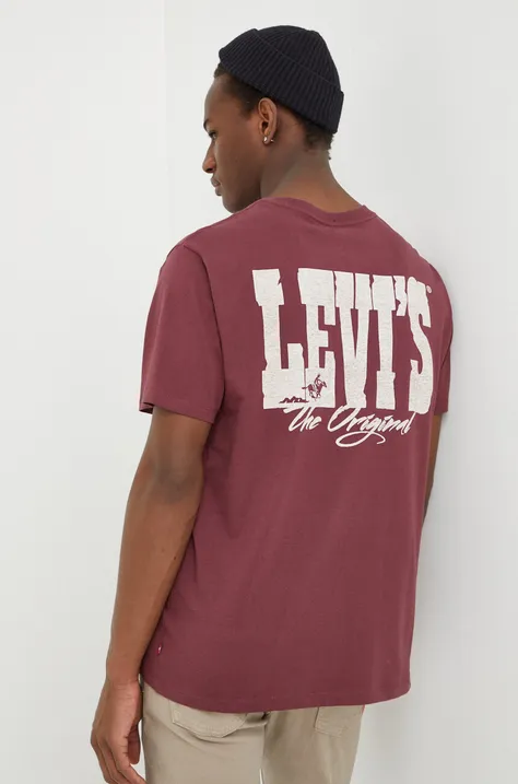 Bavlnené tričko Levi's pánsky, bordová farba, s potlačou