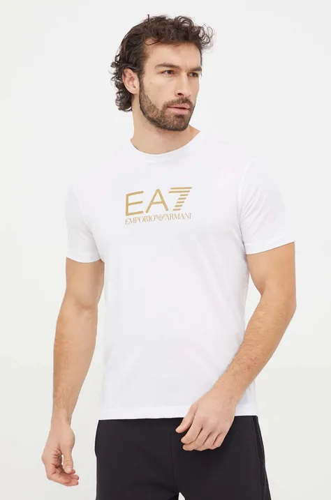 Памучна тениска EA7 Emporio Armani в бяло с принт