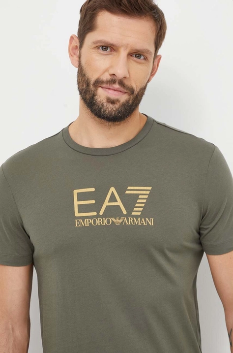 EA7 Emporio Armani tricou din bumbac barbati, culoarea verde, cu imprimeu