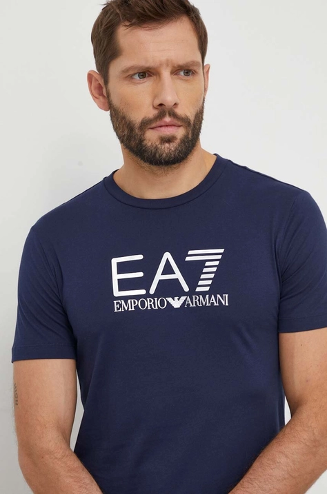 Хлопковая футболка EA7 Emporio Armani мужской цвет синий с аппликацией