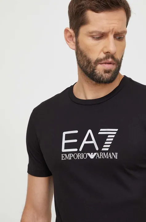 Pamučna majica EA7 Emporio Armani za muškarce, boja: crna, s aplikacijom