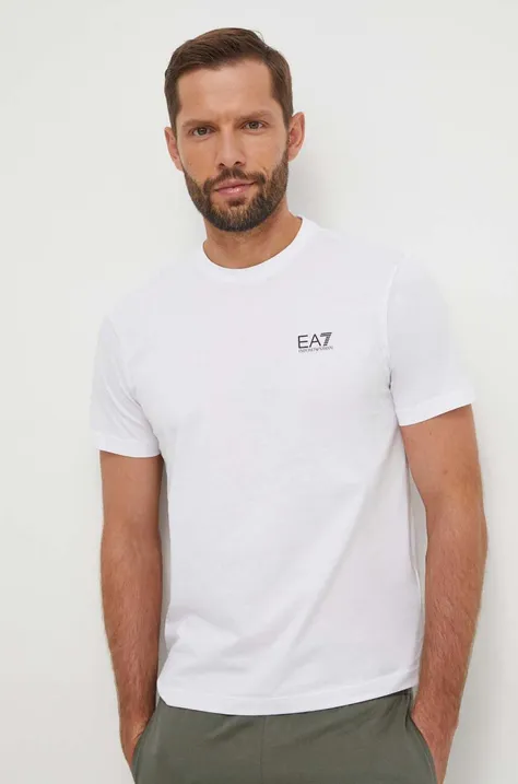 Pamučna majica EA7 Emporio Armani za muškarce, boja: bijela, bez uzorka