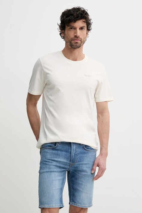 Pepe Jeans tricou din bumbac JACKO barbati, culoarea bej, neted, PM508664