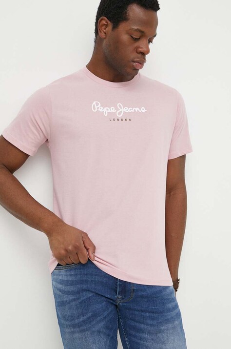 Pepe Jeans tricou din bumbac Eggo barbati, culoarea roz, cu imprimeu
