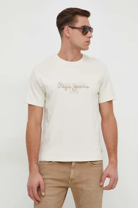Pamučna majica Pepe Jeans Chris za muškarce, boja: bež, s tiskom