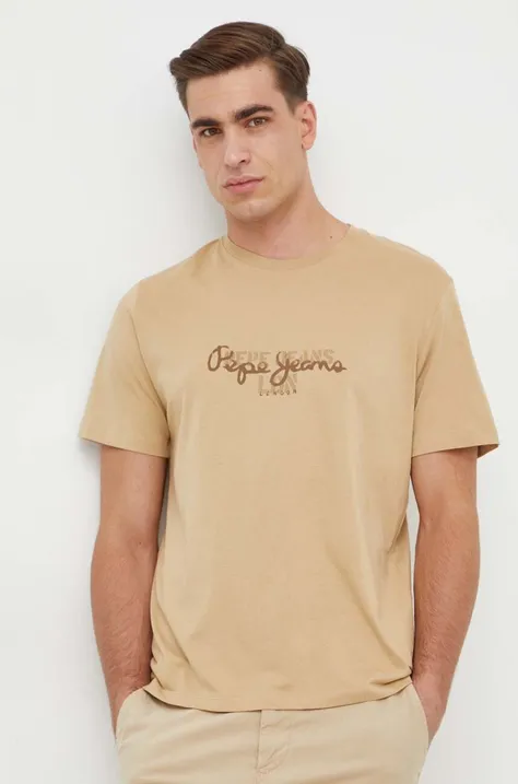 Bavlnené tričko Pepe Jeans Chris pánske, béžová farba, s potlačou