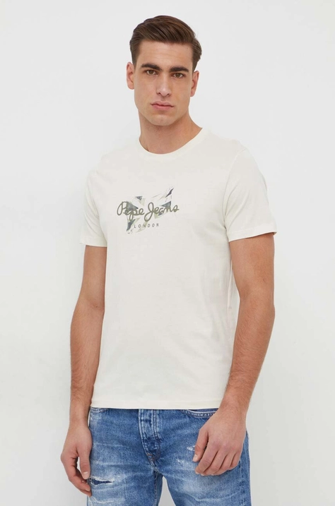 Pepe Jeans t-shirt bawełniany Count męski kolor beżowy z nadrukiem