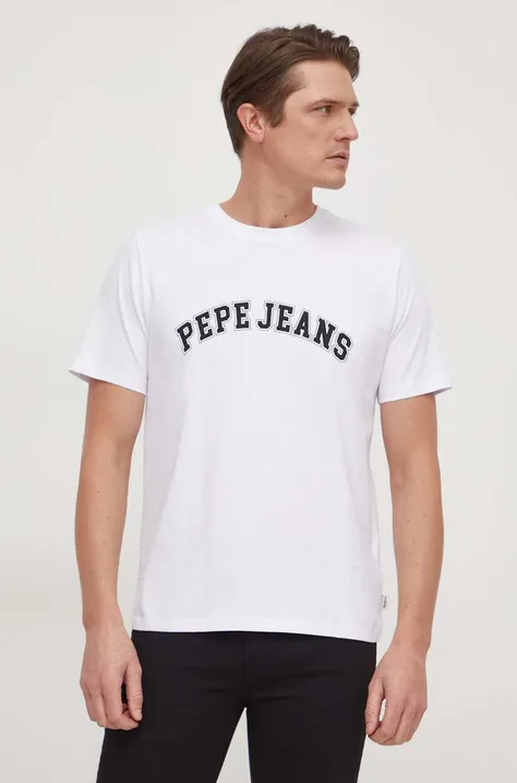 Pamučna majica Pepe Jeans za muškarce, boja: bijela, s tiskom