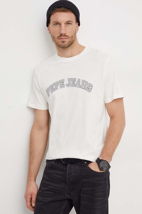 Pepe Jeans tricou din bumbac barbati, culoarea bej, cu imprimeu