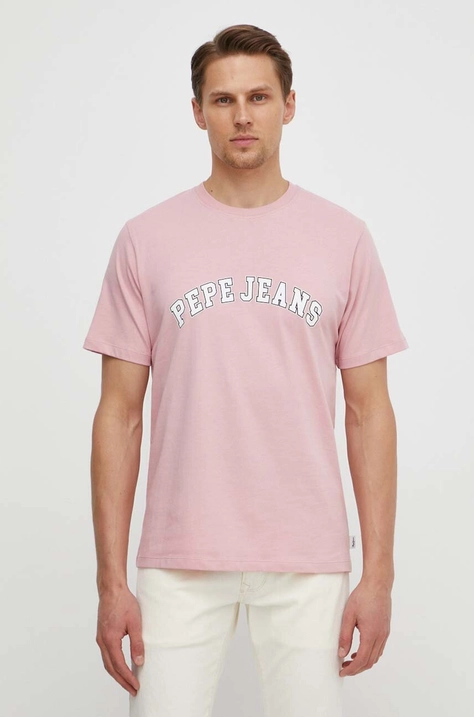 Pepe Jeans tricou din bumbac barbati, culoarea roz, cu imprimeu