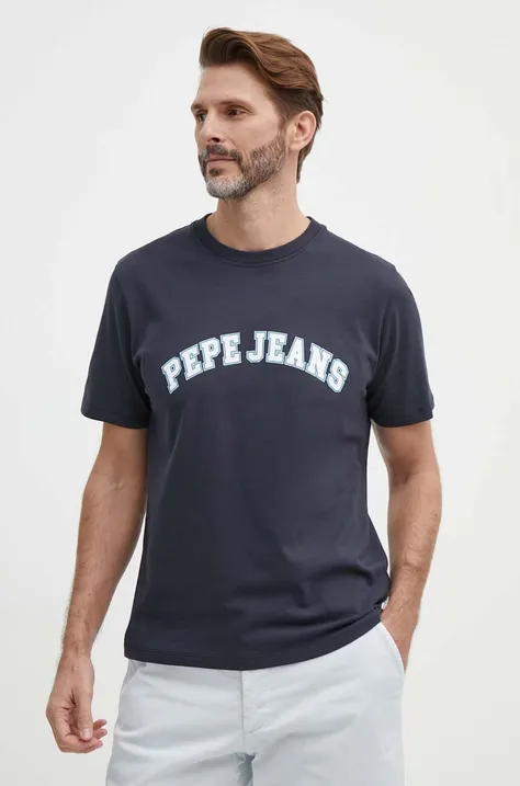 Pamučna majica Pepe Jeans za muškarce, boja: tamno plava, s tiskom