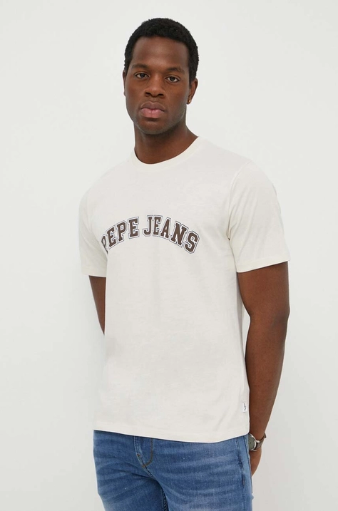 Pepe Jeans tricou din bumbac barbati, culoarea bej, cu imprimeu