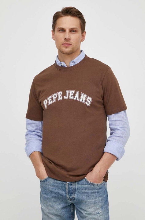 Pepe Jeans tricou din bumbac barbati, culoarea maro, cu imprimeu