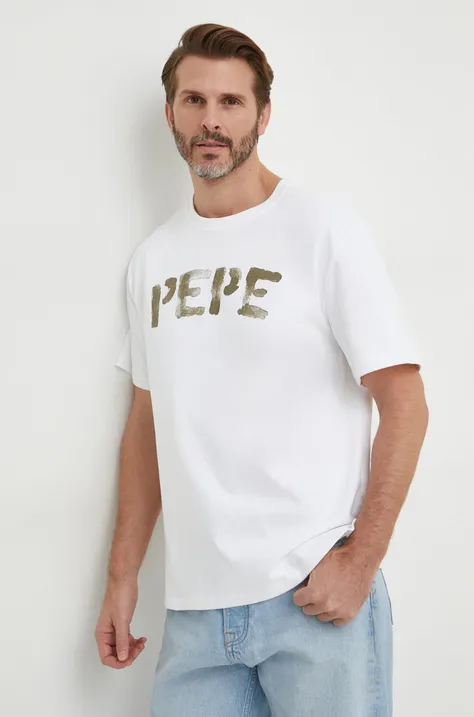 Bavlnené tričko Pepe Jeans pánsky, biela farba, s potlačou