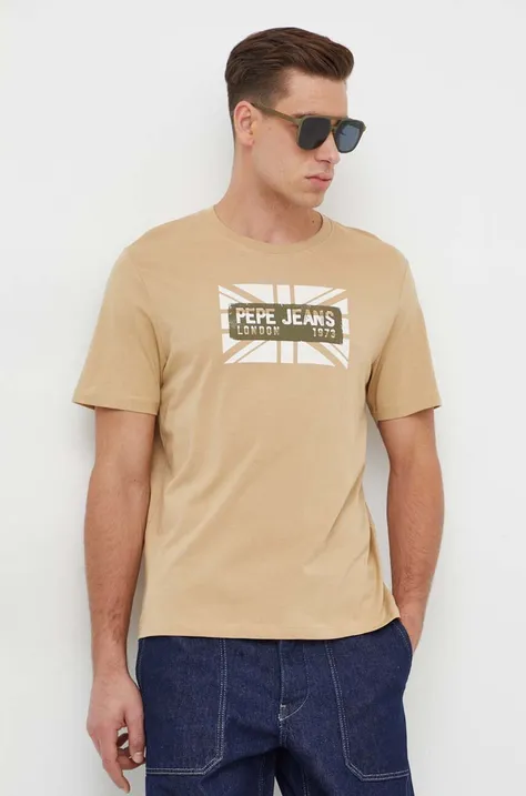 Бавовняна футболка Pepe Jeans чоловічий колір бежевий з принтом