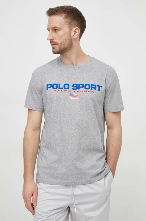 Bombažna kratka majica Polo Ralph Lauren moški, siva barva