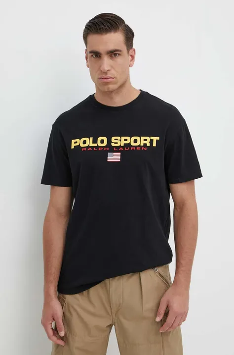 Bavlnené tričko Polo Ralph Lauren pánsky, čierna farba, s potlačou