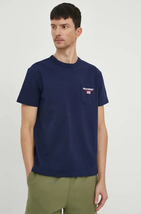Хлопковая футболка Polo Ralph Lauren мужской цвет синий с аппликацией